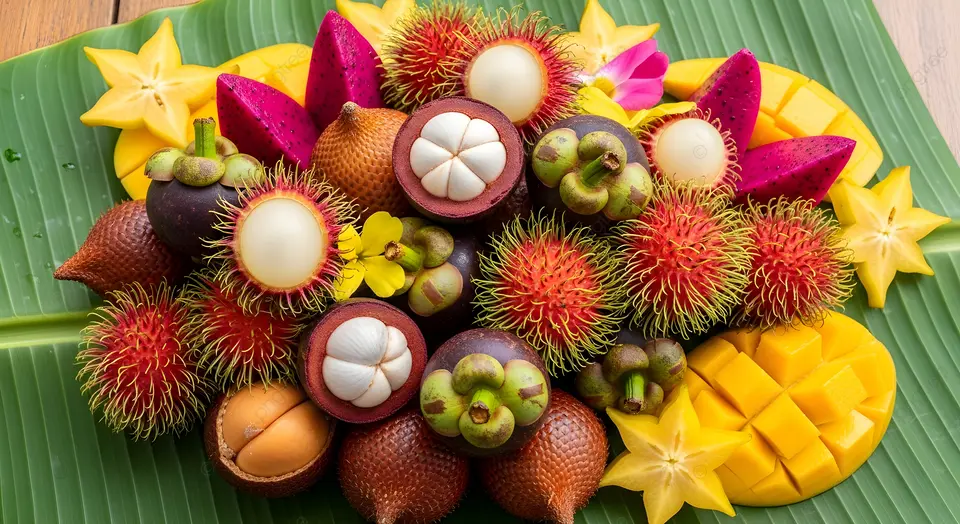 Pngtree A Vibrant Assortment Of Exotic Tropical Fruits Artfully Arranged On Banana Image 19975075